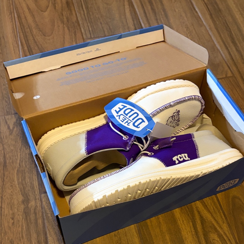 Hey Dude Men’s White and Purple Slip-On Loafers with Embroidered Mascot - Picture 2 of 5